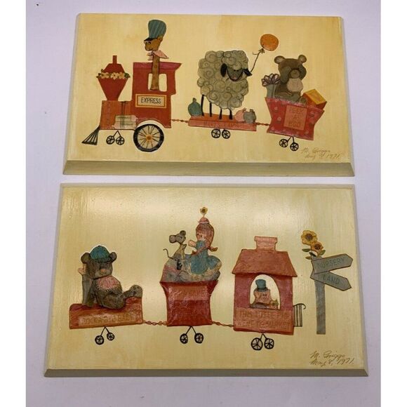 VTG Nursery Rhyme Train Decoupage Wall Hanging - Picture 2 of 12